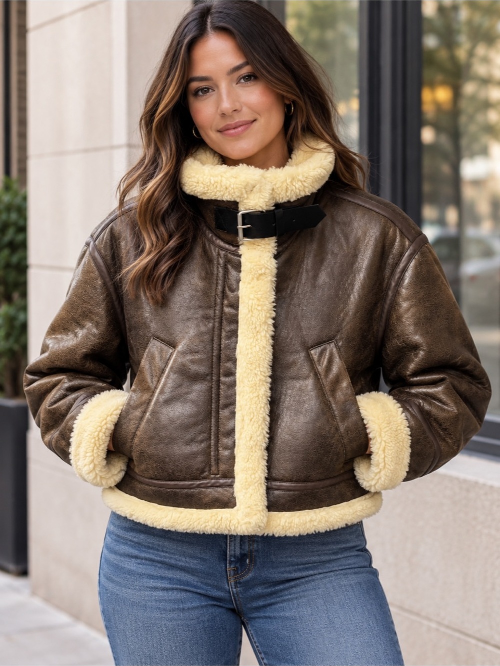 Zara Women’s Brown Faux Leather Shearling Aviator Bomber Jacket Buckle Cropped